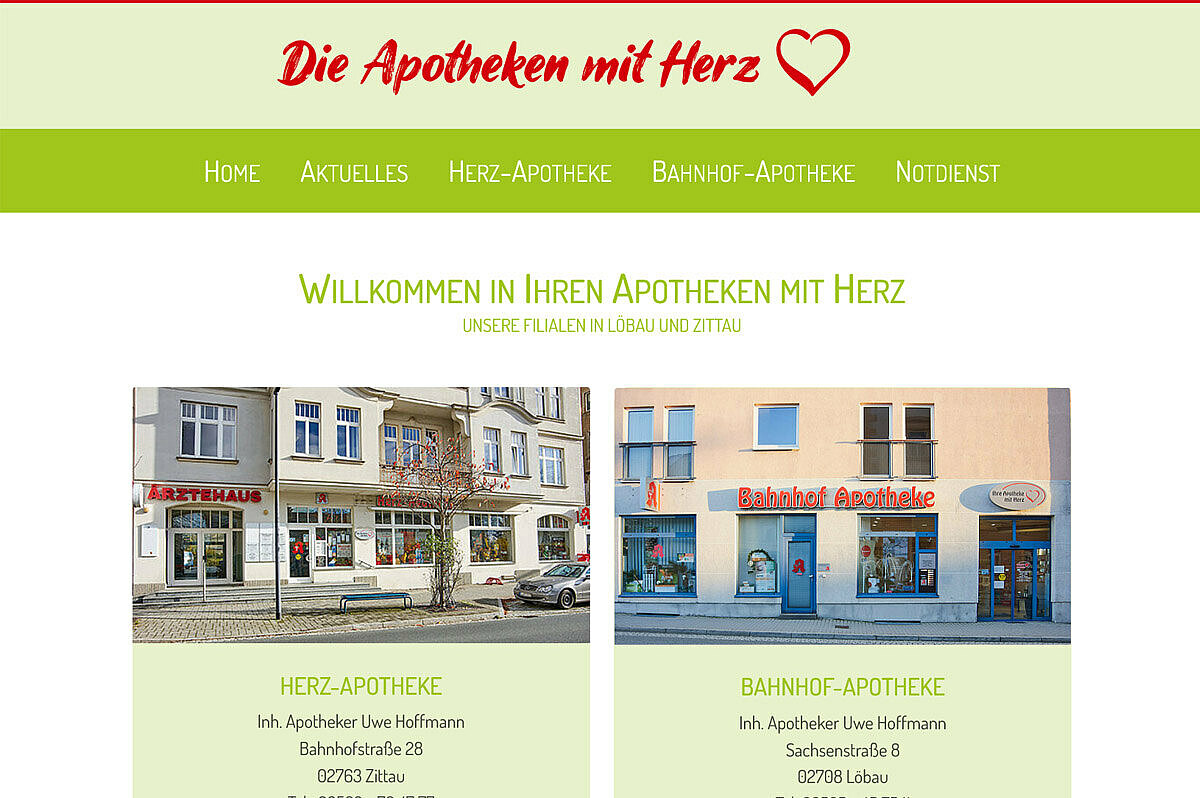 Screenshot des Webauftrittes der Herz-Apotheke Zittau und Bahnhofsapotheke Löbau