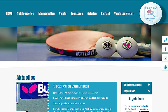 Screenshot des Webauftrittes der Tischtennisvereins Post Zeulenroda