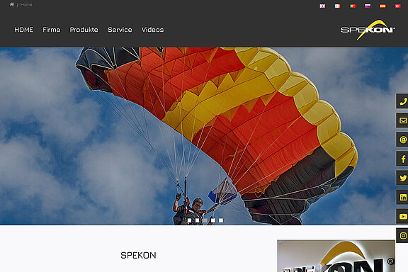 Screenshot des Webauftrittes von Fallschirmtechnikhersteller Spekon aus Seifhennersdorf